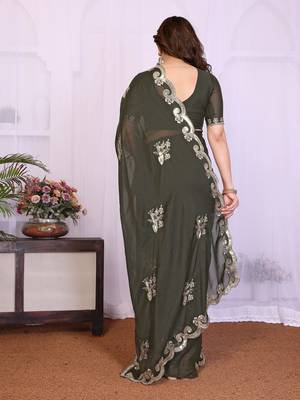 Mehendi saree look rich heavy star georgette silk saree with sequins embroidery work saree and blouse 3