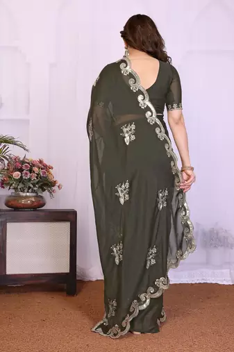Mehendi saree look rich heavy star georgette silk saree with sequins embroidery work saree and blouse