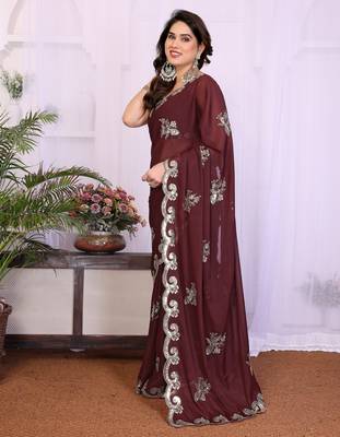 Burgundy saree look rich heavy star georgette silk saree with sequins embroidery work saree and blouse 2