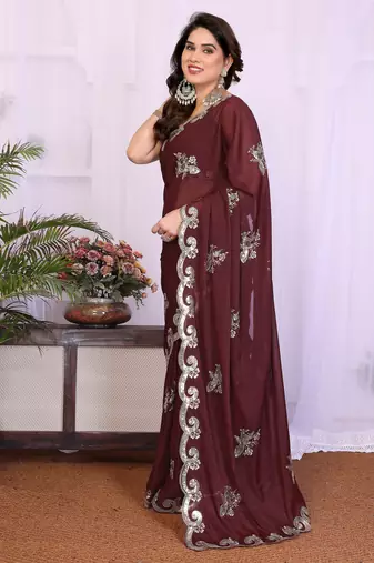 Burgundy saree look rich heavy star georgette silk saree with sequins embroidery work saree and blouse