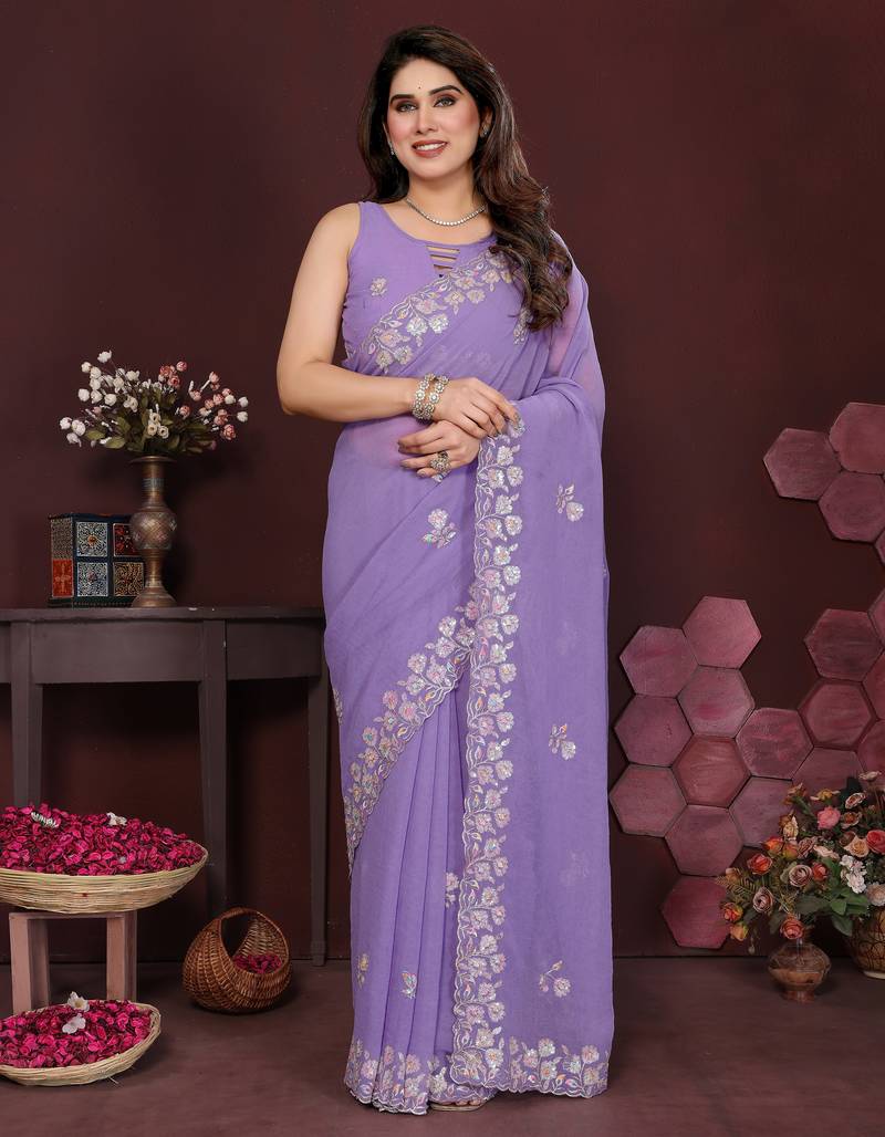 lavender saree look georgette silk blend embroidery work saree and blouse with beautiful  tone
