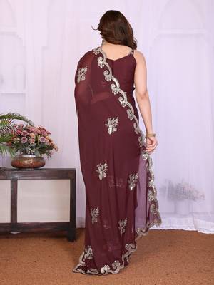 Burgundy saree look rich heavy star georgette silk saree with sequins embroidery work saree and blouse 3