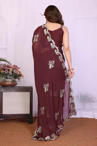 Burgundy saree look rich heavy star georgette silk saree with sequins embroidery work saree and blouse