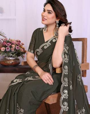 Mehendi saree look rich heavy star georgette silk saree with sequins embroidery work saree and blouse 4