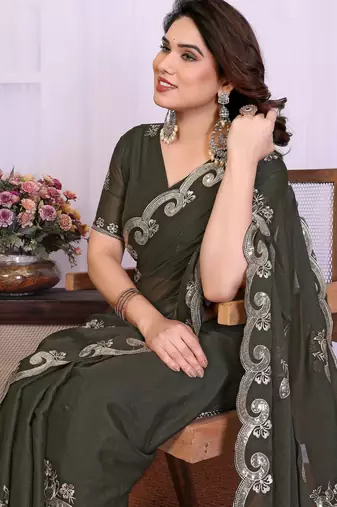 Mehendi saree look rich heavy star georgette silk saree with sequins embroidery work saree and blouse