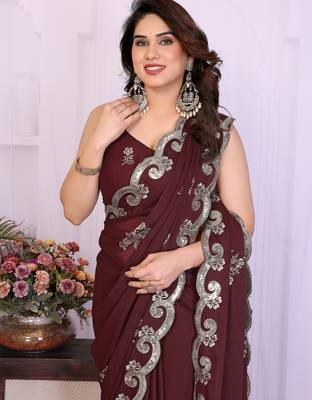 Burgundy saree look rich heavy star georgette silk saree with sequins embroidery work saree and blouse 4
