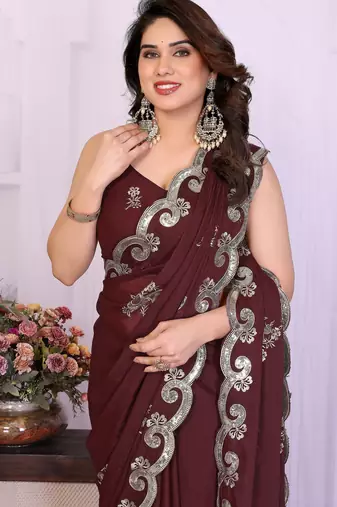 Burgundy saree look rich heavy star georgette silk saree with sequins embroidery work saree and blouse