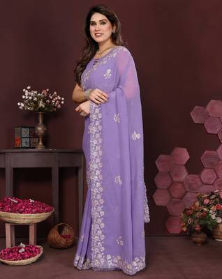 lavender saree look georgette silk blend embroidery work saree and blouse with beautiful  tone 2