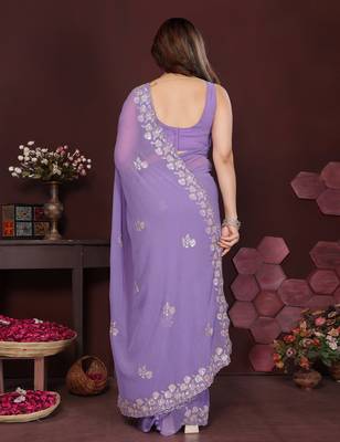 lavender saree look georgette silk blend embroidery work saree and blouse with beautiful  tone 3