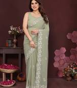 pista saree look georgette silk blend embroidery work saree and blouse with beautiful  tone