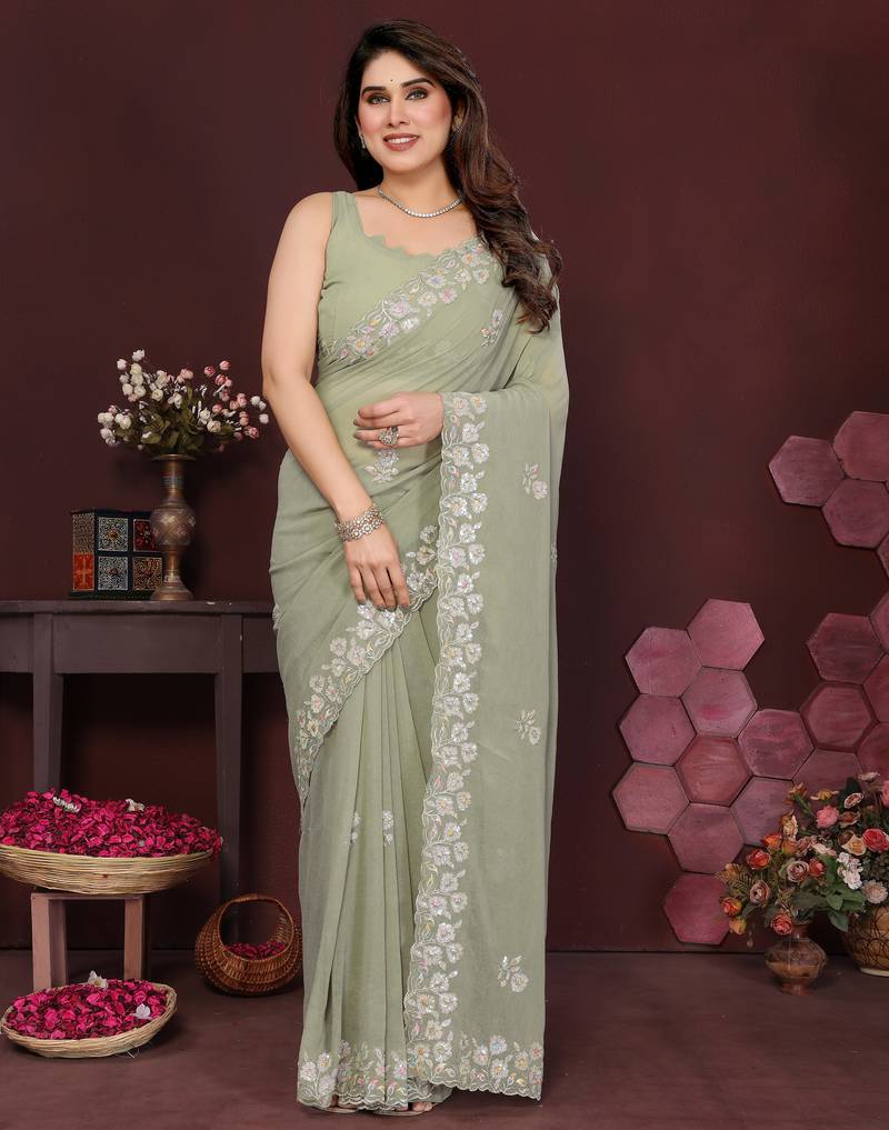 pista saree look georgette silk blend embroidery work saree and blouse with beautiful  tone