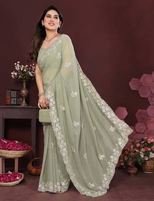 pista saree look georgette silk blend embroidery work saree and blouse with beautiful  tone 2