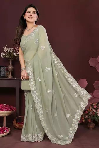 pista saree look georgette silk blend embroidery work saree and blouse with beautiful  tone