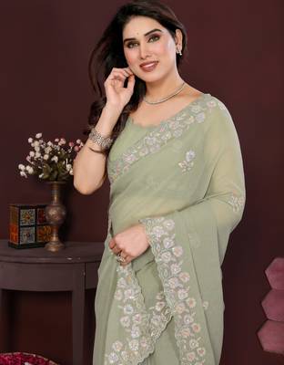 pista saree look georgette silk blend embroidery work saree and blouse with beautiful  tone 4