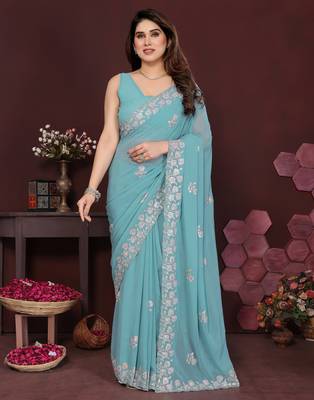 tuequoise saree look georgette silk blend embroidery work saree and blouse with beautiful  tone 1
