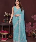 tuequoise saree look georgette silk blend embroidery work saree and blouse with beautiful  tone
