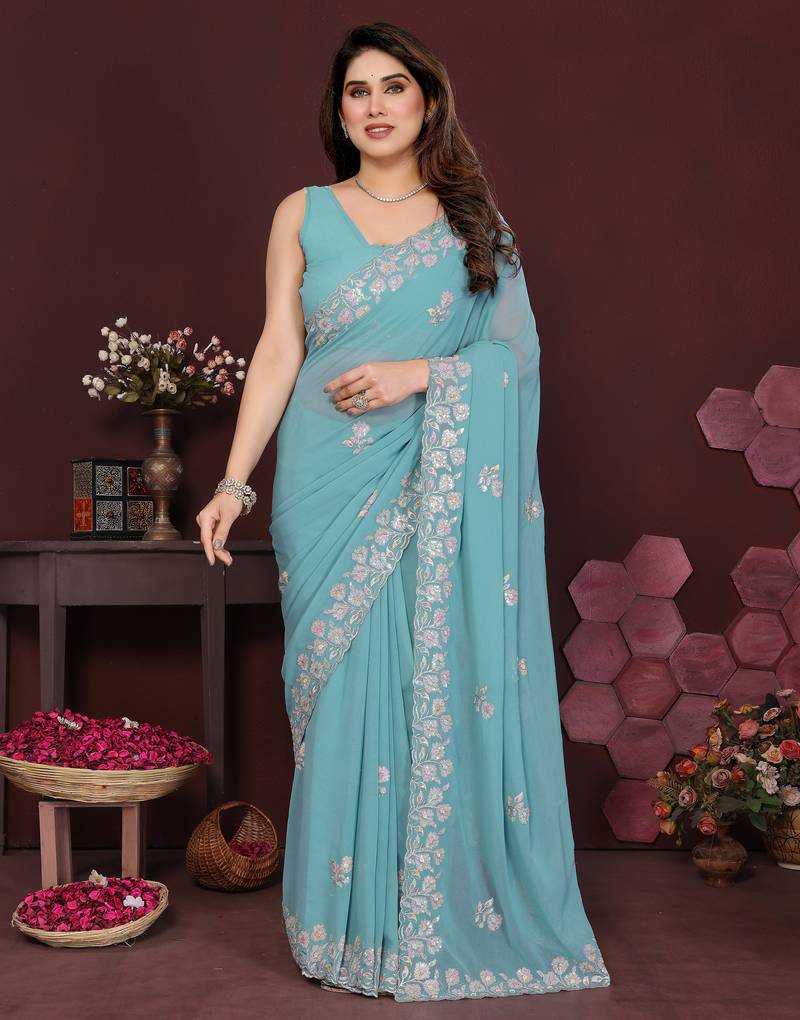 tuequoise saree look georgette silk blend embroidery work saree and blouse with beautiful  tone