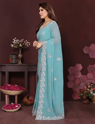 tuequoise saree look georgette silk blend embroidery work saree and blouse with beautiful  tone 2