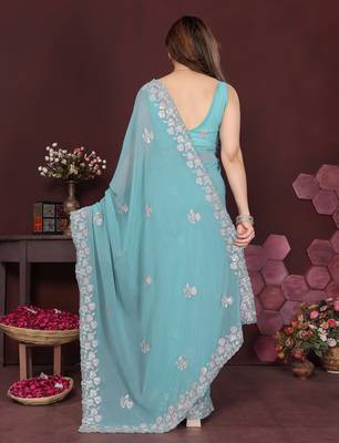 tuequoise saree look georgette silk blend embroidery work saree and blouse with beautiful  tone 3