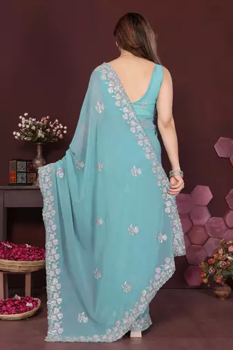 tuequoise saree look georgette silk blend embroidery work saree and blouse with beautiful  tone