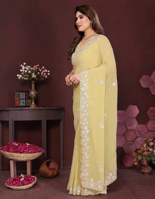 yellow saree look georgette silk blend embroidery work saree and blouse with beautiful  tone 2