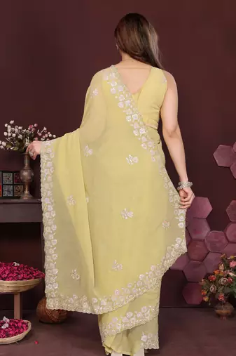 yellow saree look georgette silk blend embroidery work saree and blouse with beautiful  tone