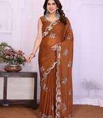Brown saree look rich heavy star georgette silk saree with sequins embroidery work saree and blouse with beautiful  tone