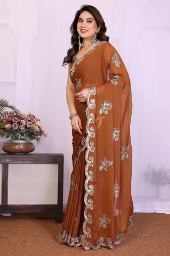Brown saree look rich heavy star georgette silk saree with sequins embroidery work saree and blouse with beautiful  tone