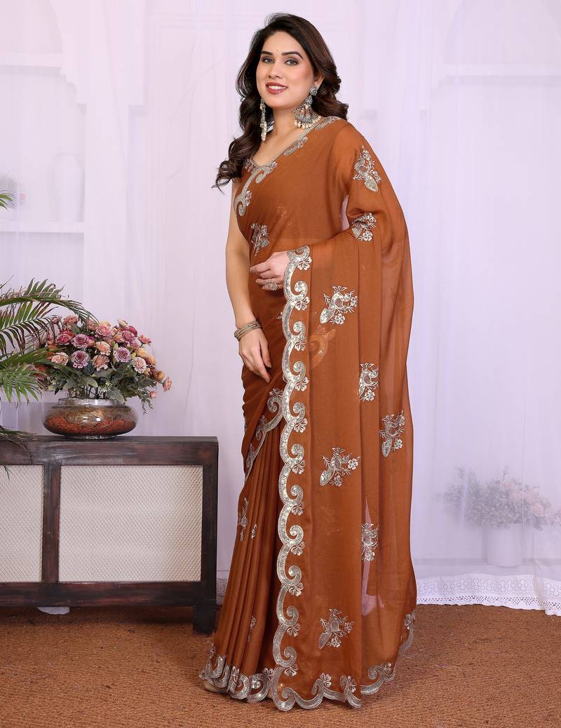 Brown saree look rich heavy star georgette silk saree with sequins embroidery work saree and blouse with beautiful  tone