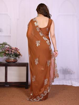 Brown saree look rich heavy star georgette silk saree with sequins embroidery work saree and blouse with beautiful  tone 3