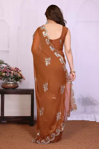 Brown saree look rich heavy star georgette silk saree with sequins embroidery work saree and blouse with beautiful  tone