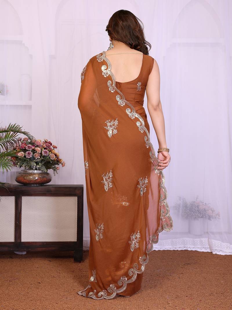 Brown saree look rich heavy star georgette silk saree with sequins embroidery work saree and blouse with beautiful  tone
