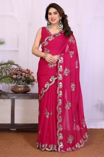 Pink saree look rich heavy star georgette silk saree with sequins embroidery work saree and blouse with beautiful  tone