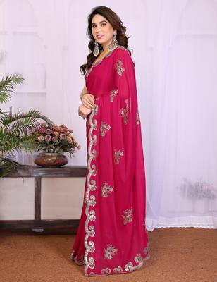 Pink saree look rich heavy star georgette silk saree with sequins embroidery work saree and blouse with beautiful  tone 2
