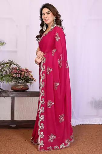 Pink saree look rich heavy star georgette silk saree with sequins embroidery work saree and blouse with beautiful  tone