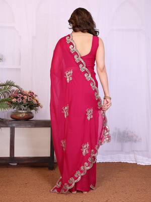 Pink saree look rich heavy star georgette silk saree with sequins embroidery work saree and blouse with beautiful  tone 3