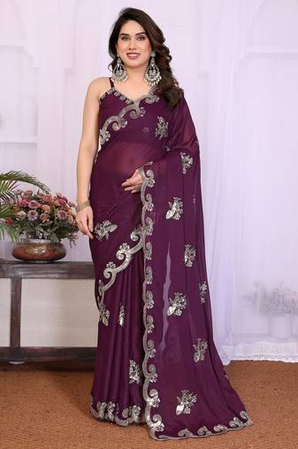 Wine saree look rich heavy star georgette silk saree with sequins embroidery work saree and blouse with beautiful  tone