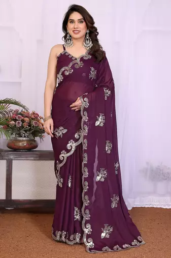 Wine saree look rich heavy star georgette silk saree with sequins embroidery work saree and blouse with beautiful  tone