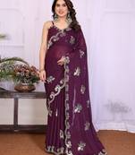 Wine saree look rich heavy star georgette silk saree with sequins embroidery work saree and blouse with beautiful  tone