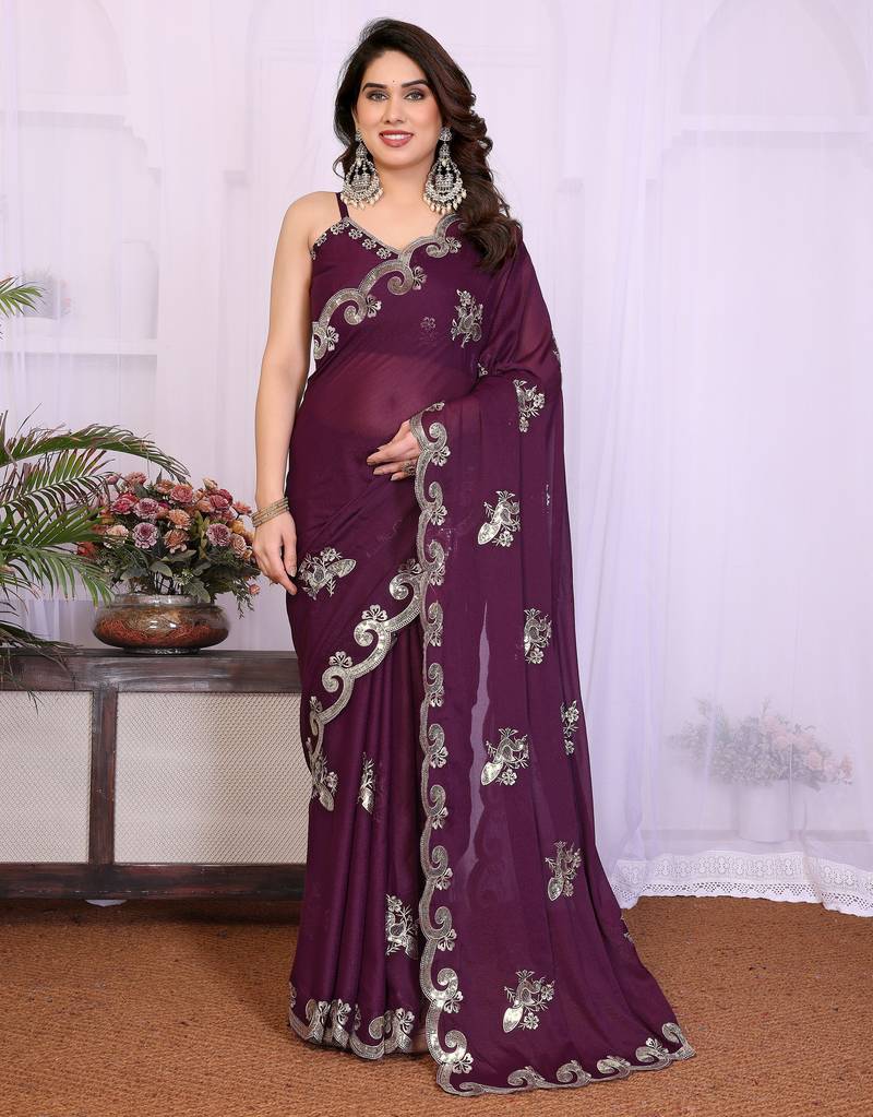 Wine saree look rich heavy star georgette silk saree with sequins embroidery work saree and blouse with beautiful  tone