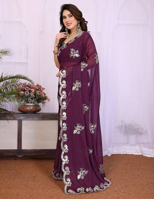 Wine saree look rich heavy star georgette silk saree with sequins embroidery work saree and blouse with beautiful  tone 2