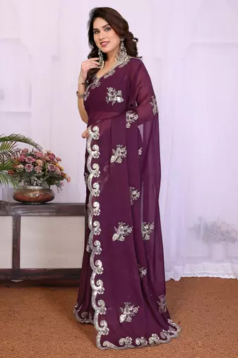 Wine saree look rich heavy star georgette silk saree with sequins embroidery work saree and blouse with beautiful  tone