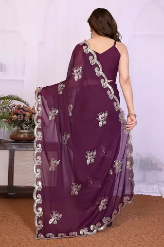 Wine saree look rich heavy star georgette silk saree with sequins embroidery work saree and blouse with beautiful  tone