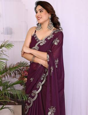 Wine saree look rich heavy star georgette silk saree with sequins embroidery work saree and blouse with beautiful  tone 4