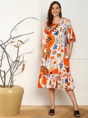 abstract print flared rayon dress for women 1