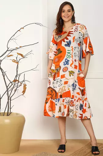 abstract print flared rayon dress for women