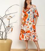 abstract print flared rayon dress for women