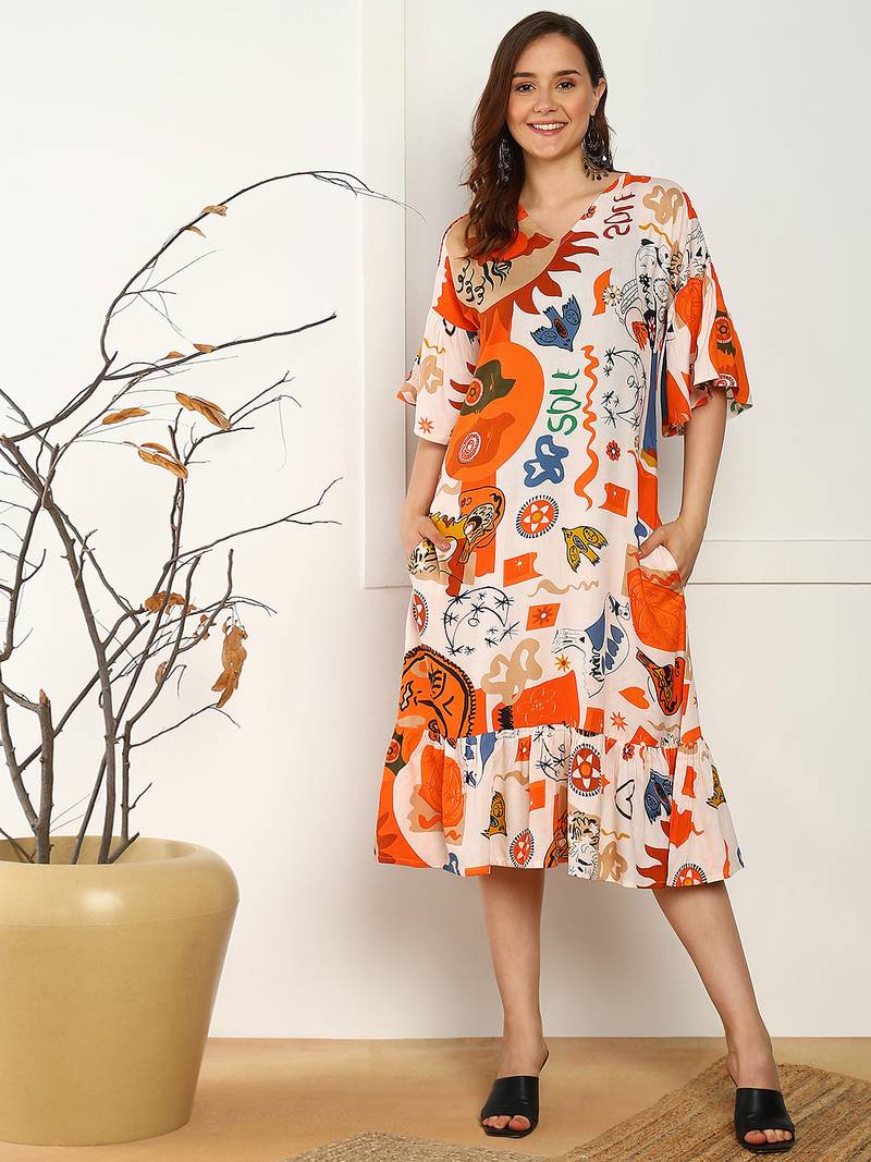 abstract print flared rayon dress for women