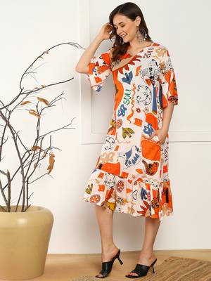 abstract print flared rayon dress for women 2