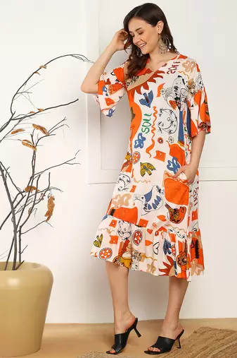 abstract print flared rayon dress for women